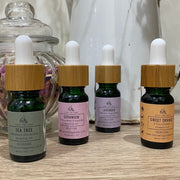 Cosy Cottage essential oils in dropper bottles in  tea tree, geranium, lavender and sweet orange