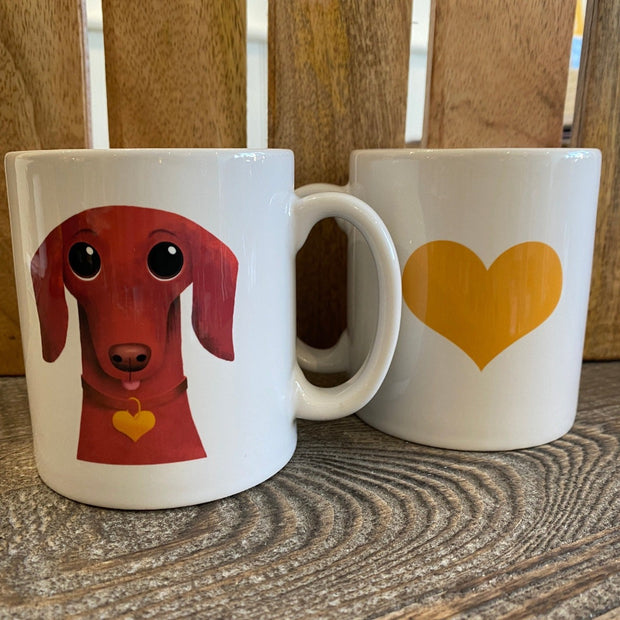 Two Cosy Cottage Cooperillo designed china mugs, featuring Derek Dachshund, Colourful designs on white background