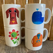 Four Cosy Cottage Cooperillo designed china mugs, featuring Derek Dachshund, Walter Whale, Brenda Bee and Olive Orangutan. Colourful designs on white background