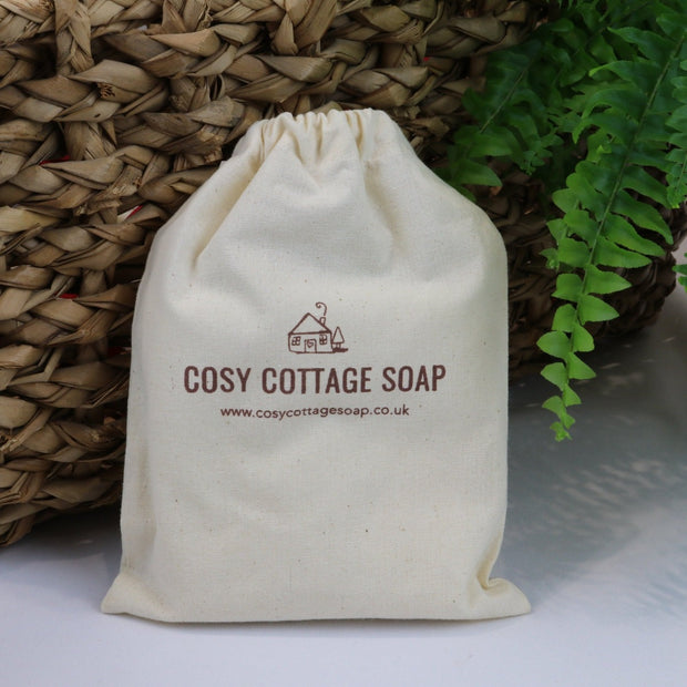 cosy cottage natural cotton drawstring soap bag large