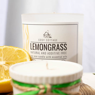 large soy wax lemongrass candle in frosted glass jar