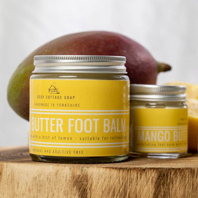mango butter and lemon foot balm in 30ml and 120ml glass jars