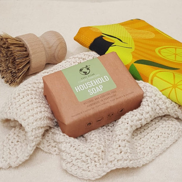 Household stain removal bar with tea-towel and natural cactus scouring brush