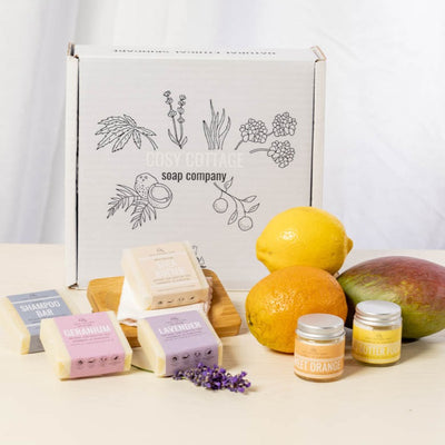 Soaps and hand and body creams gift box, with fresh fruit 