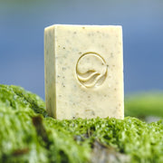 Unwrapped Seagrown seaweed soap bar standing on a carpet of seaweed