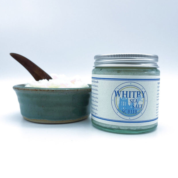 Whitby sea salt scrub in 120ml glass jar with ceramic pot of sea salt scrub  and wooden spatula