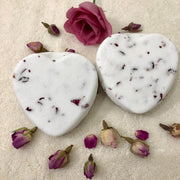 Heart shaped geranium bath bombs with rose petals