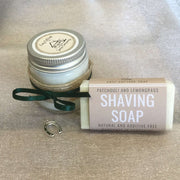 moisturising shaving travel soap and soy wax candle jar with green ribbon and horseshow charm
