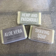 hemp and patchouli, aloe vera and shaving handmade guest and  travel soaps 